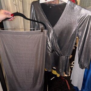 Silver Metallic Wrap Top and Skirt Set